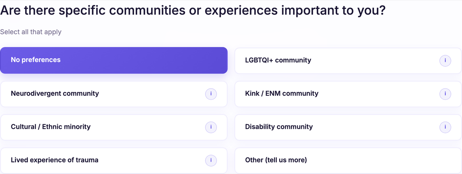 Synthetic Therapair sandbox question about communities and experiences, with LGBTQI+, neurodivergent, cultural, disability, and lived-experience options.