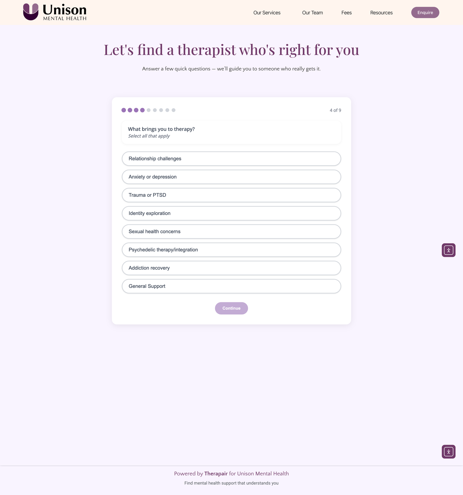 Therapair sandbox screenshot showing fit questions before matching