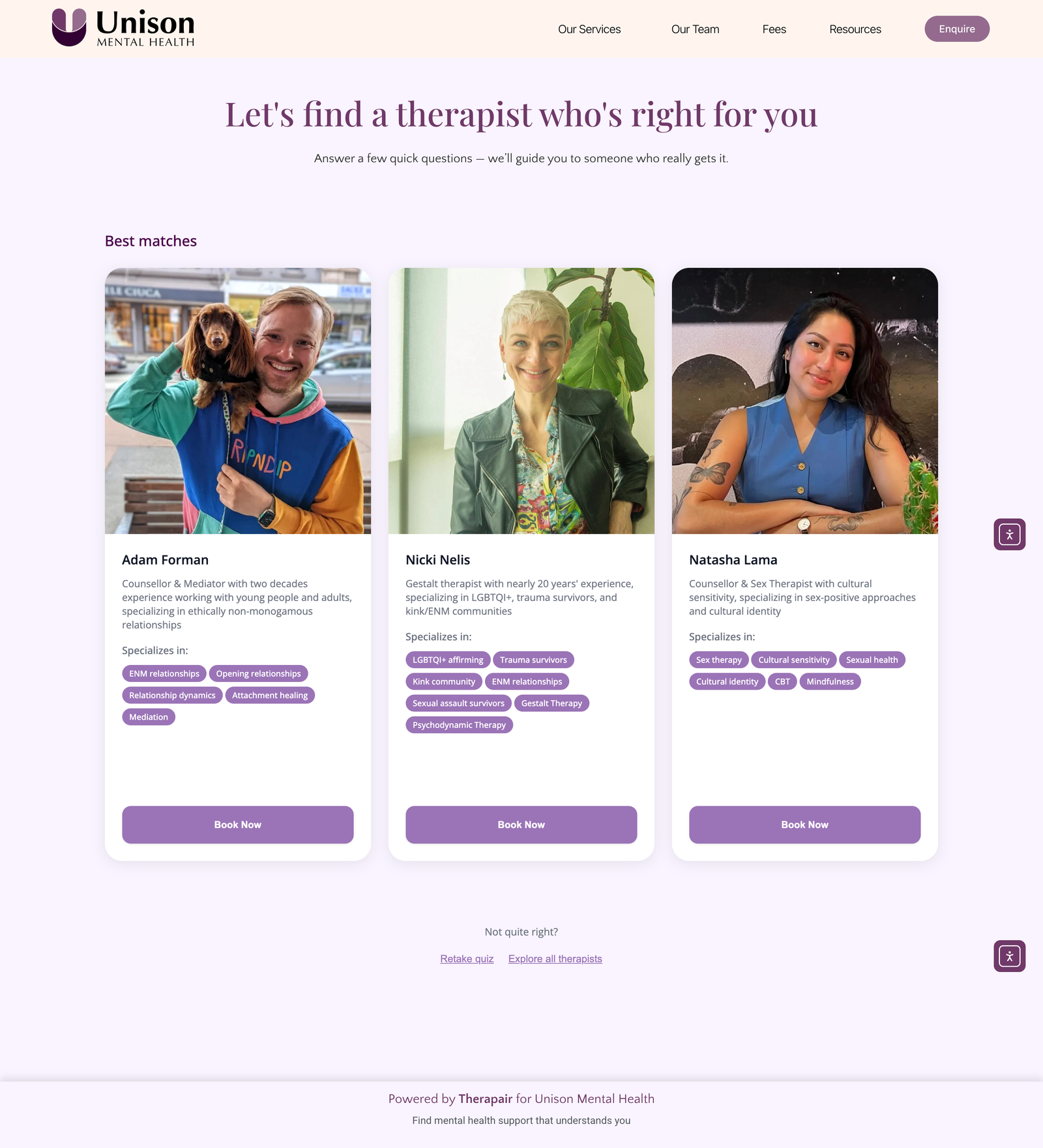 Therapair sandbox screenshot showing synthetic therapist result cards