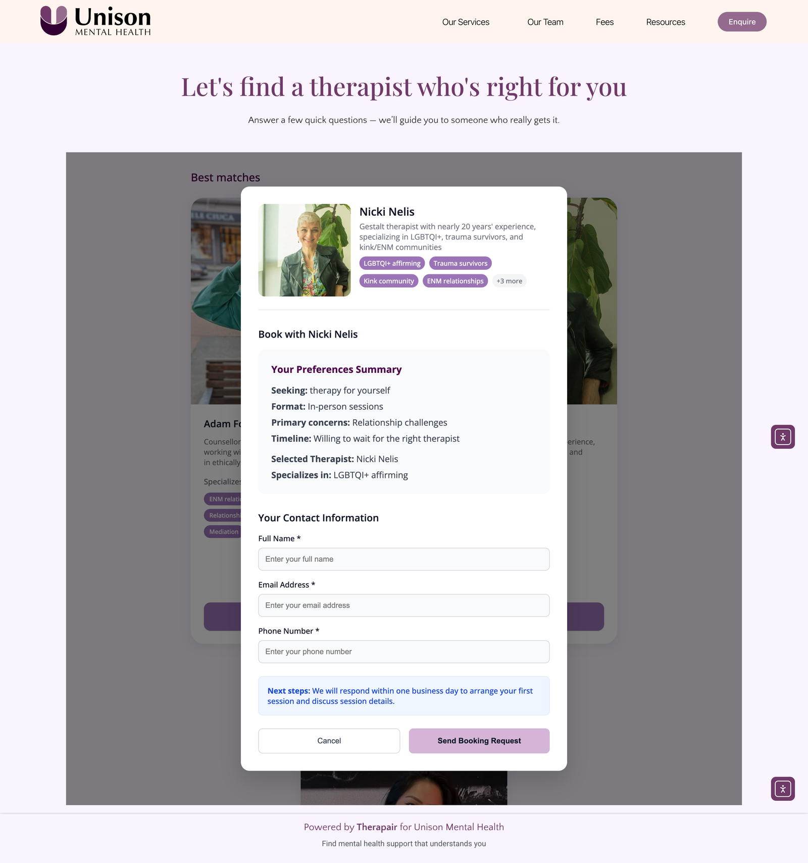 Therapair sandbox screenshot showing a private enquiry form after reviewing a therapist